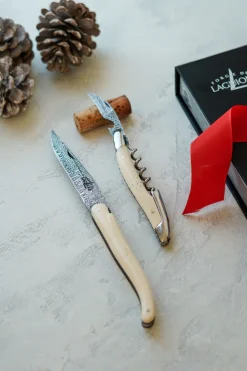Fällkniv och sommelierkniv i mammuthorn, damaskerad - Forge de Laguiole
