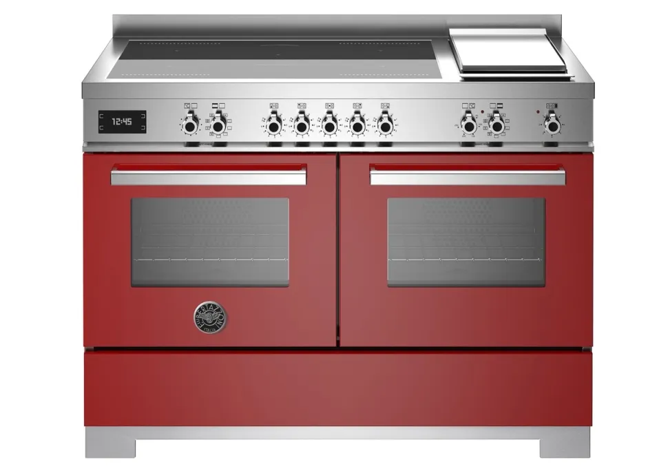 Induktionsspis Professional, 120 cm, 5 zoner + stekbord, 2 ugnar, Röd - Bertazzoni