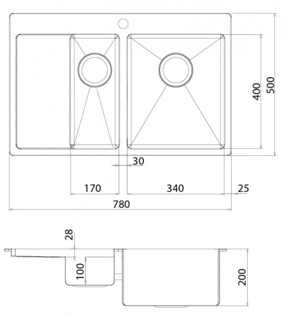 Rostfri diskho dubbel 780 x 500 mm med avställningsyta till vänster