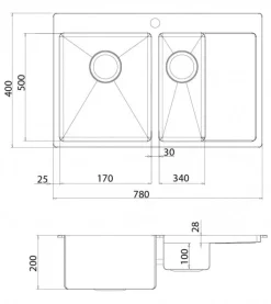 Rostfri diskho dubbel 780 x 500 mm med avställningsyta till höger