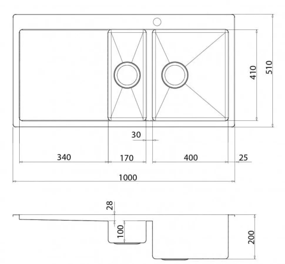 Rostfri diskho dubbel 1000 x 510 mm med avställningsyta till vänster