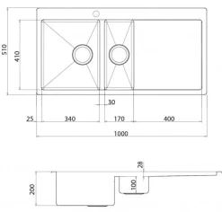 Rostfri diskho dubbel 1000 x 510 mm med avställningsyta till höger