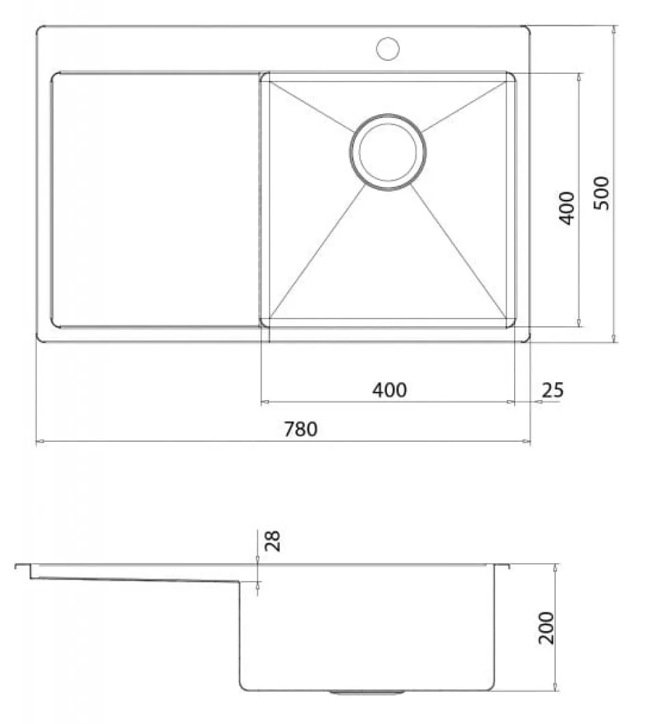 Rostfri diskho 400x400x200 mm med avställningsyta till vänster