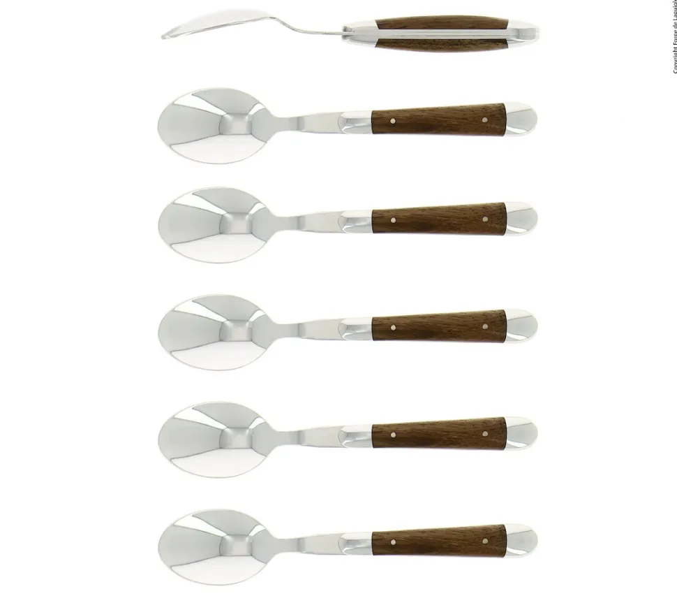 Sex dessertskedar, Handtag av Valnöt, blank, Tradition - Forge de Laguiole