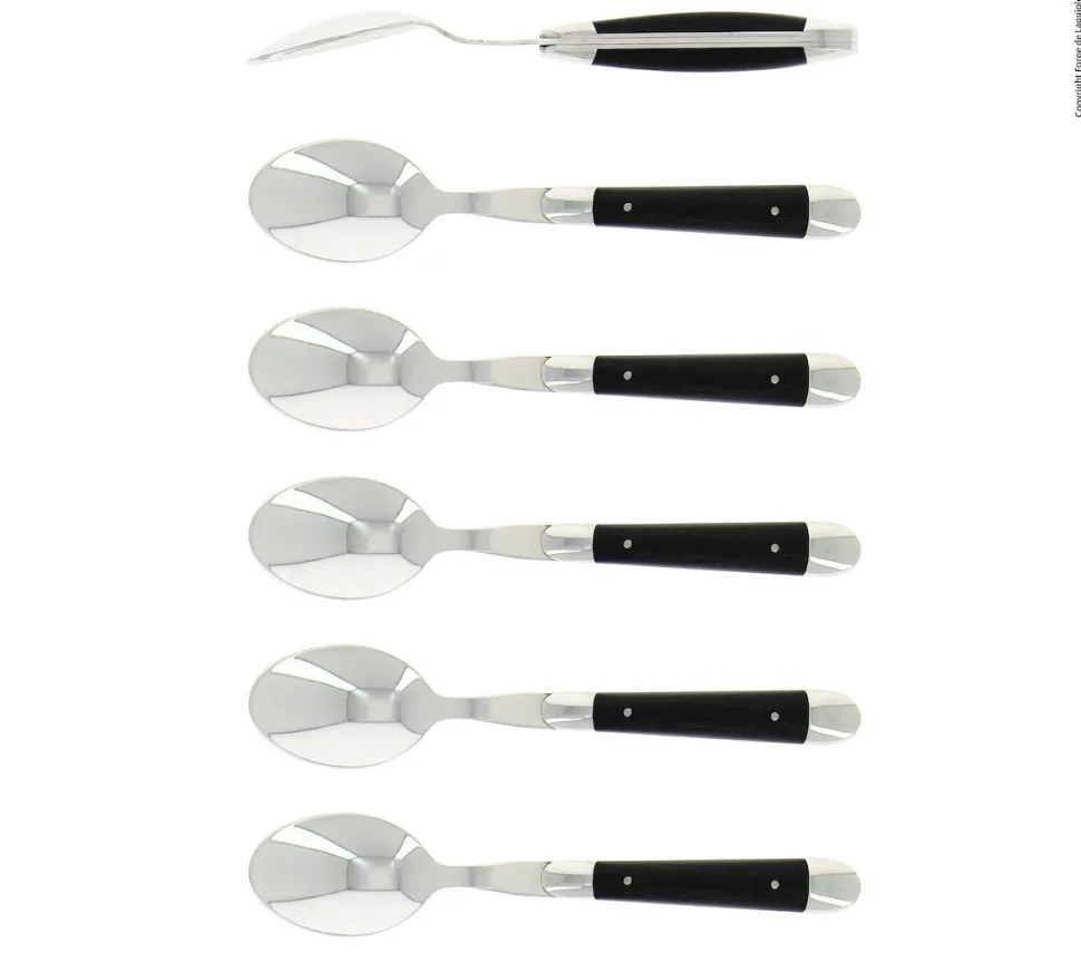 Sex dessertskedar, Handtag av Ebenholts, blank, Tradition - Forge de Laguiole
