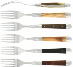 Sex gafflar, Handtag av olika ädelträslag, blank, Tradition - Forge de Laguiole