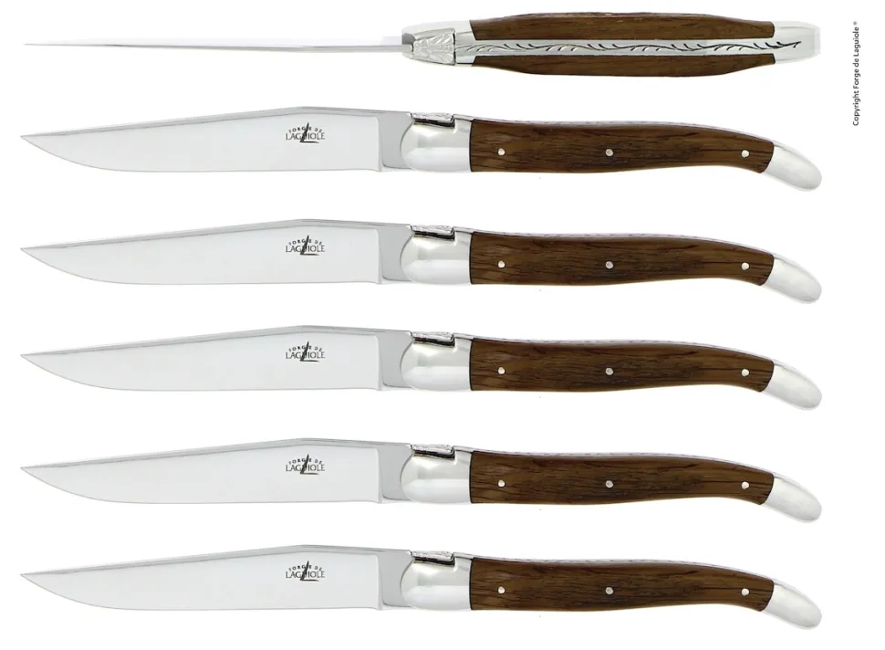 Sex knivar, Handtag av Bark från Förstenad Ek, blank, Tradition - Forge de Laguiole