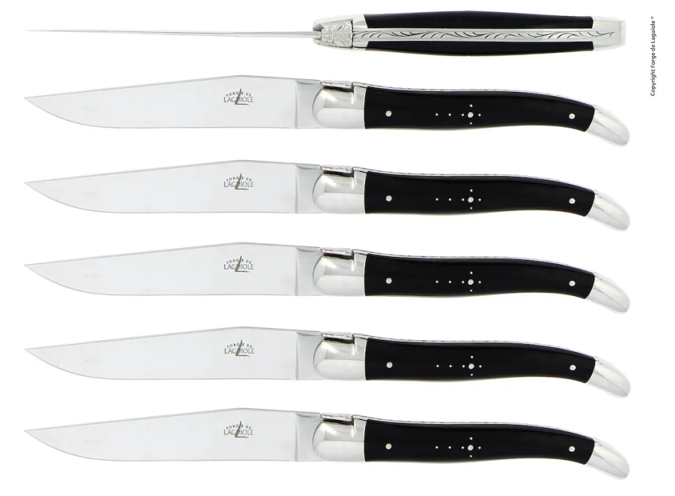 Sex knivar, Handtag av Mörkt Horn, blank, Tradition - Forge de Laguiole