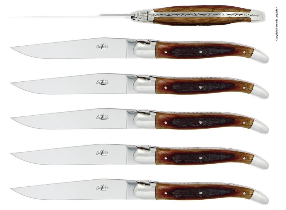 Sex knivar, Handtag av Trä från Ekfat, blank, Tradition - Forge de Laguiole