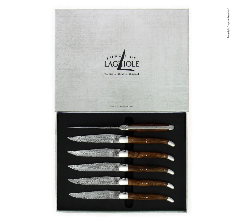 Sex knivar, Handtag av Valnöt, damaskerad matt, Collection - Forge de Laguiole