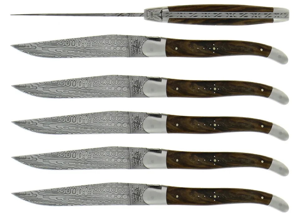 Sex knivar, Handtag av Valnöt, damaskerad matt, Collection - Forge de Laguiole